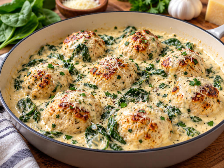 Chicken Ricotta Meatballs with Spinach Alfredo Sauce
