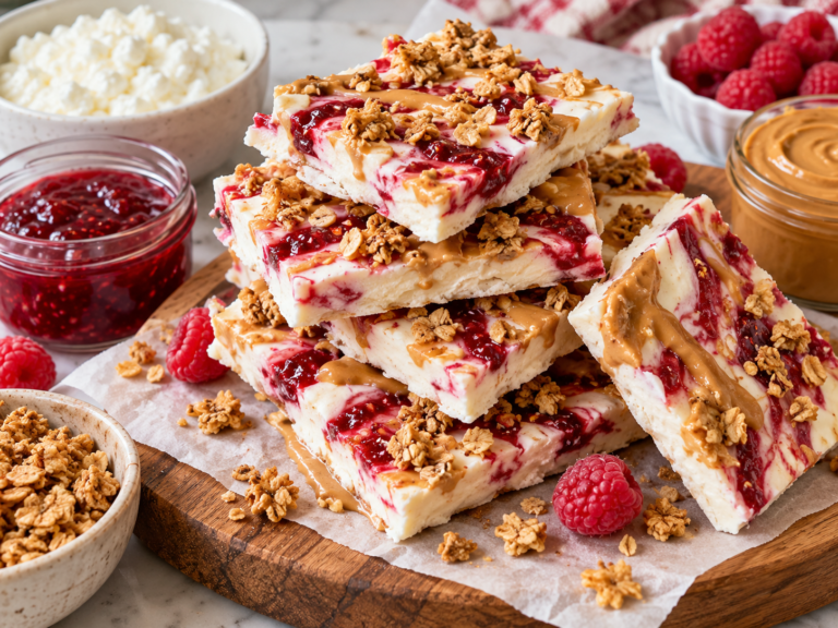 Frozen Cottage Cheese Bark Recipe with Peanut Butter & Raspberry
